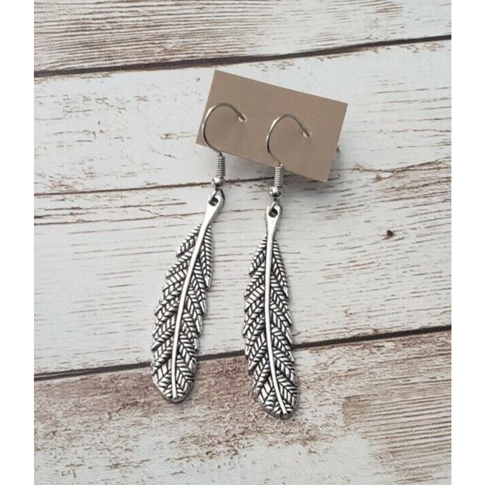 Single Feather Silver Tone Dangle Earrings - New